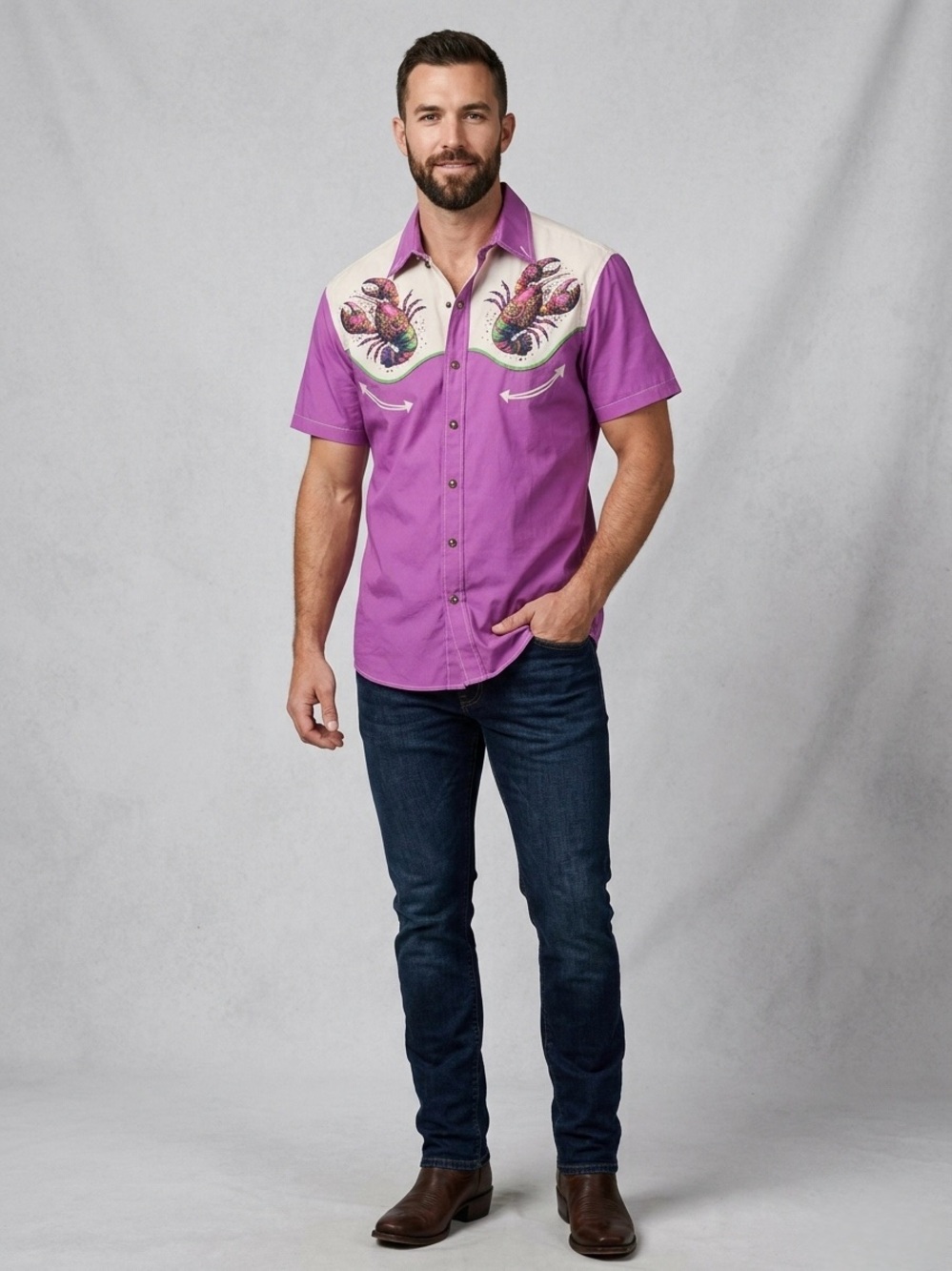 Boozelele Purple Western Cowboy Shirt Lobster Crawfish Mardi Gras NWOT M
